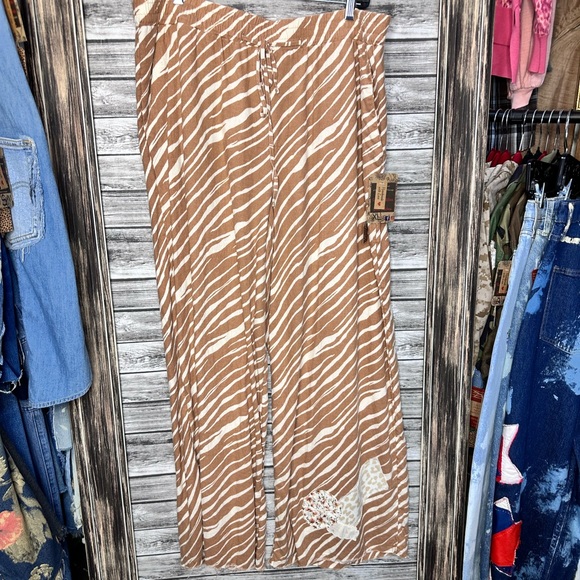 Artisan UpCycled Brown Cream Animal Print Palazzo wide Leg Pants Lace Linen - Picture 1 of 4